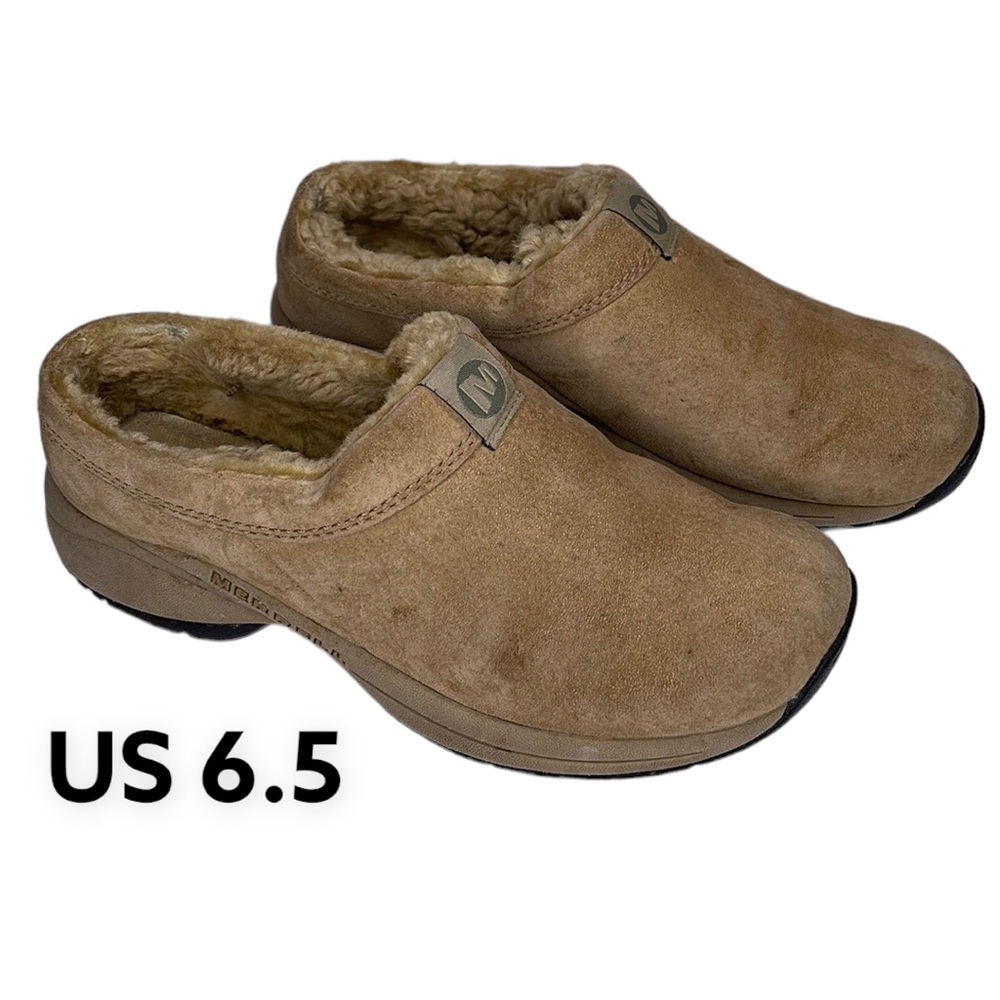Merrell Womens Sz 6.5 Primo Chill Slides Tan Suede Sherling Lined Clog Slip On